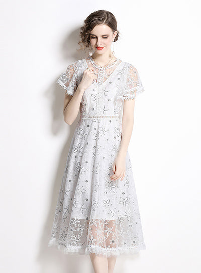 Women White Lace Sequins Retro Dress