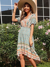 Printed Irregular V-neck Bohemian Dress