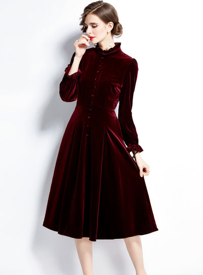 Autumn Winter Long Sleeve Button Velvet Dress