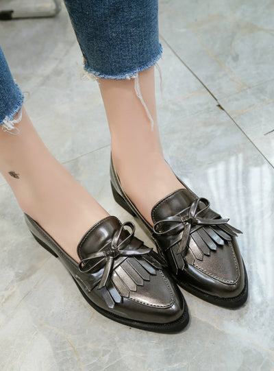 Tassel Bow Pointed Toe Black Oxford Shoes