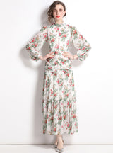 Collar Lantern Long Sleeve Pleated Chiffon Print Dress