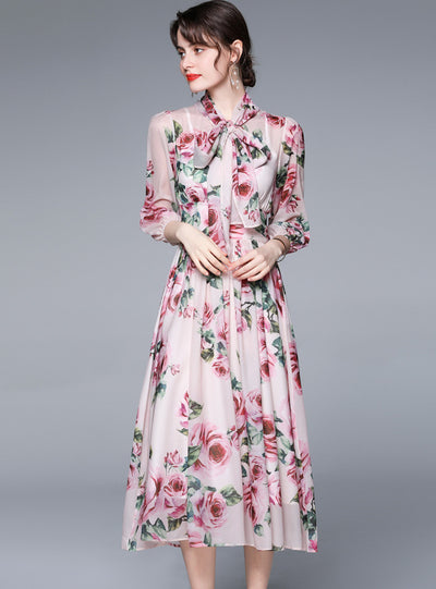 Printed Lantern Sleeve Slim Chiffon Dress