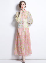 Lapel Lantern Long Sleeve Vintage Print Dress