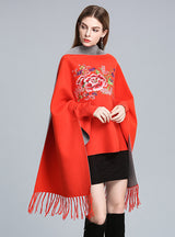 Embroidered Tassel Knitted Shawl Cloak Bat Sleeve