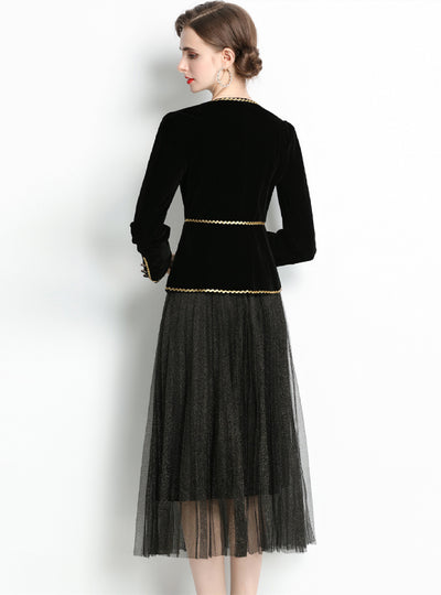 Retro Velvet Coat Gauze Skirt Two-piece Suit