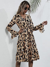 Long Leopard Print V-neck Contrast Dress