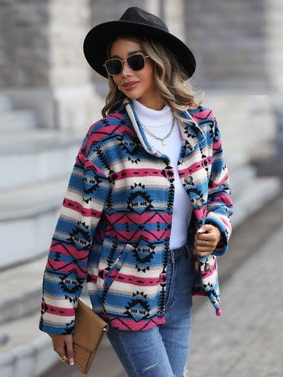 Long-sleeved Geometric Pattern Fleece Jacket