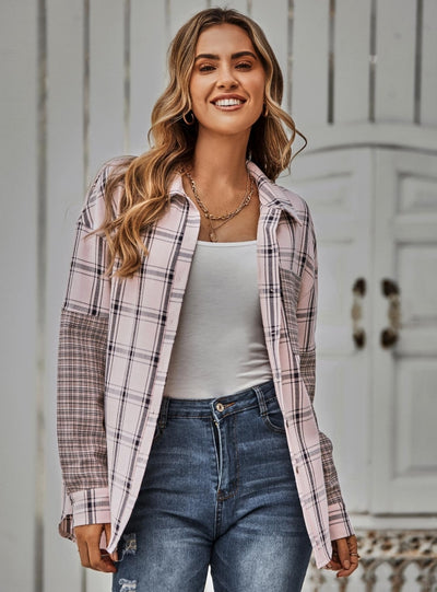 Single-breasted Plaid Stitching Shirt Girl