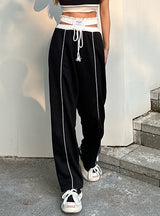 Asymmetric Double-waist-head Color-contrast Spliced Pants