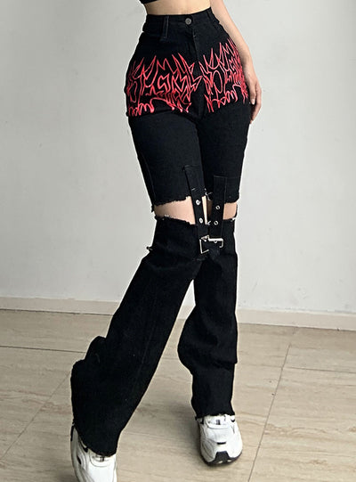 Flame Print Stitching Metal Buckle High Waist Jeans