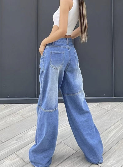 Low-waist Multi-pocket Wide-leg Jeans