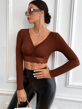 V-neck Solid Color Short Slim Long Sleeve T-shirt