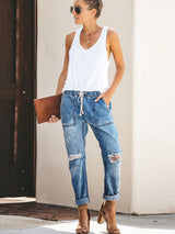 Trousers Elastic Drawstring Holes Jeans