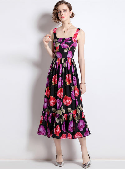 Retro Printed Sling Holiday Flounce Beach Dress