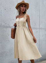 Button Sling Sleeveless A-line Dress