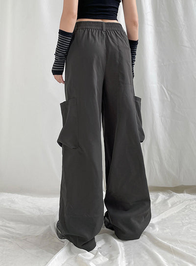 Straight Overalls Elastic Drawstring Big Pocket Pant