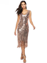 V-neck Fringed Sequined Dress