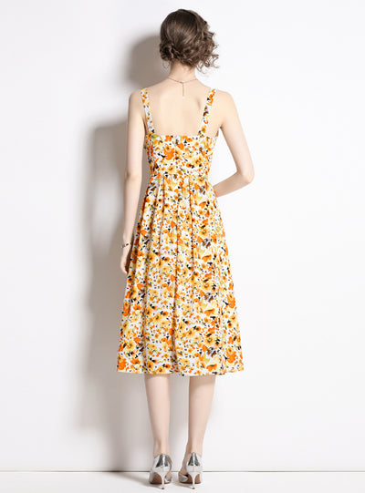 French Floral Chiffon Sling Dress