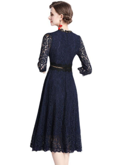 Hollow Round Neck Lace Long Sleeve Dress