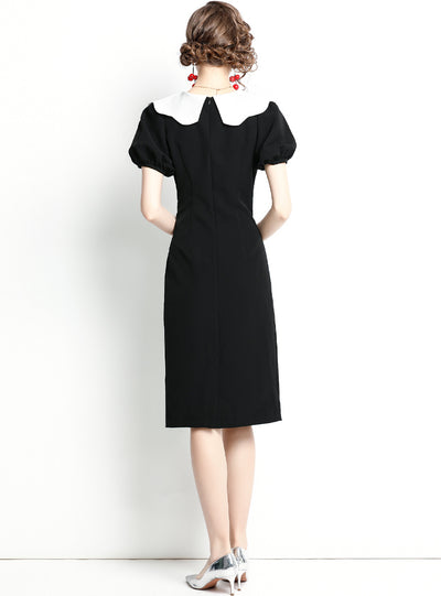 Retro Lantern Sleeve Slim Short Sleeve Black Dress