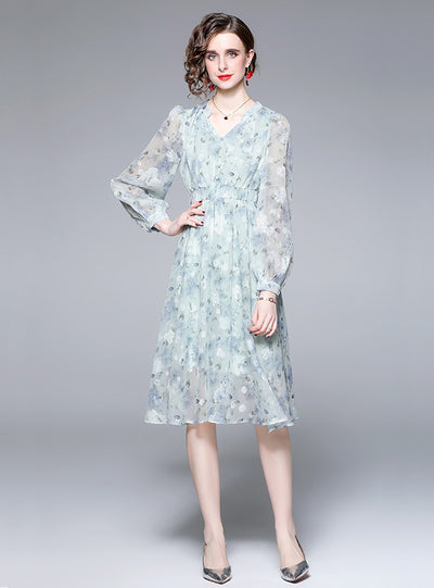 Blue Fairy Floral Chiffon Long Sleeve Dress