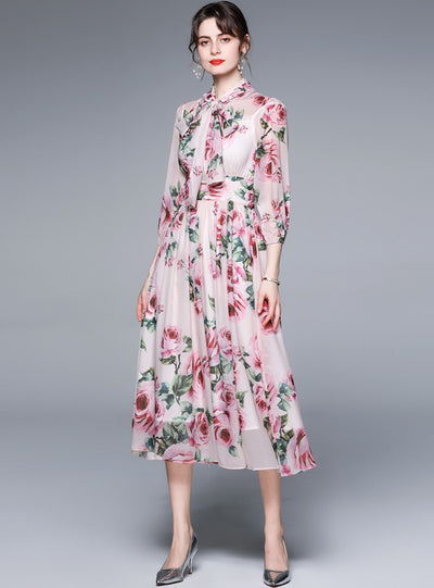 Printed Lantern Sleeve Slim Chiffon Dress