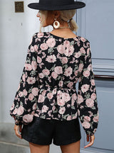 Printed Long Sleeve V-neck Chiffon Shirt