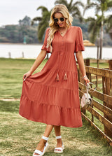 Loose Casual V-neck Solid Color Dress