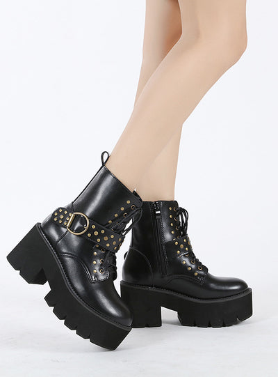 Retro Belt Buckle Rivet Thick Bottom Side Zipper Booties