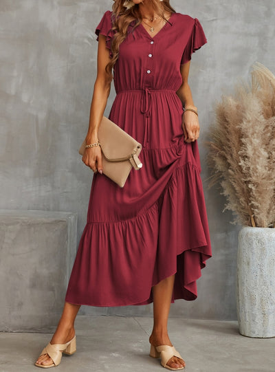 Lotus Leaf Sleeve V-neck Big Swing Dress