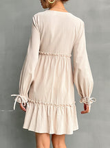 V-neck Long Sleeve Wooden Ears Dress