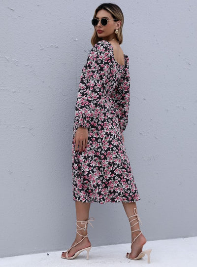 Long Sleeve Floral Square Collar Pleated Dress