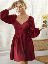 V-neck Puff Sleeve Long Sleeve Ruffled Dress