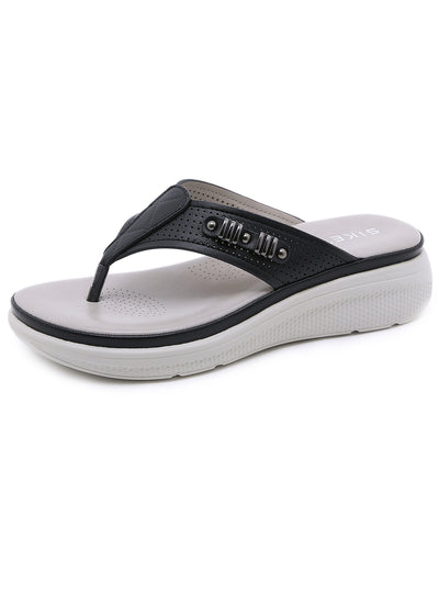 Metal Button Hollow Wedge Heel Flip-flops