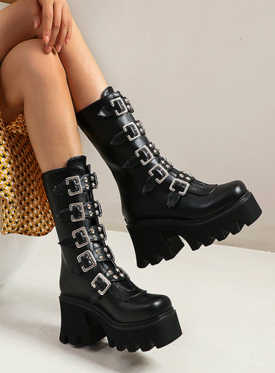 Womens Platform Boots Black Buckle Strap Wedges Shoes