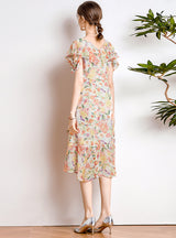 V-neck Lotus Leaf Sleeve Beaded Print Dress