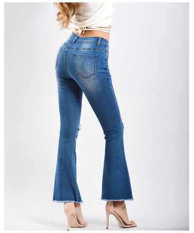 Cowboy Flared Trousers Holes Burrs Jeans