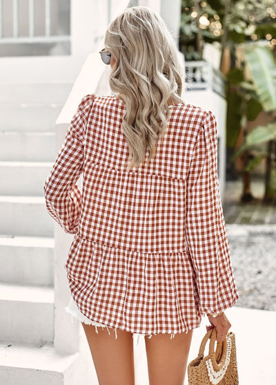 Loose Casual V-neck Plaid Top