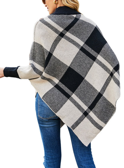 Colourful Plaid Bat Sleeve Knitted Cloak Shawl