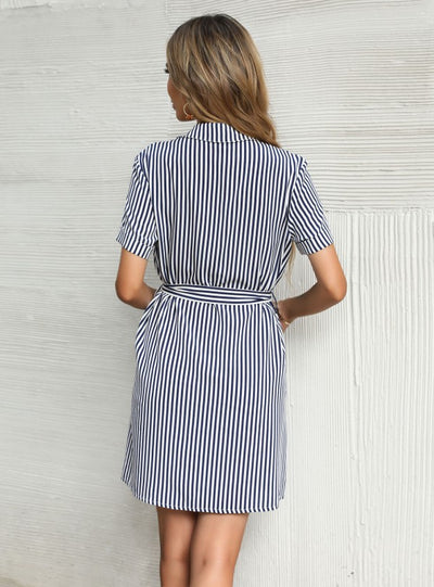 Striped Lapel Short Sleeve Tie-up Shirt Dress