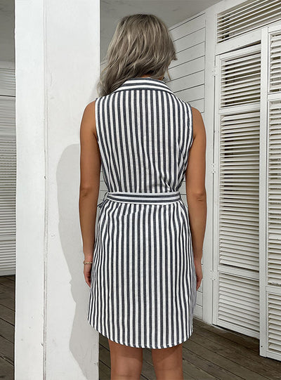 Shirt Lapel Sleeveless Striped Dress