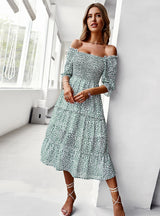 Off the Shoulder Chiffon Printed Holiday Dress