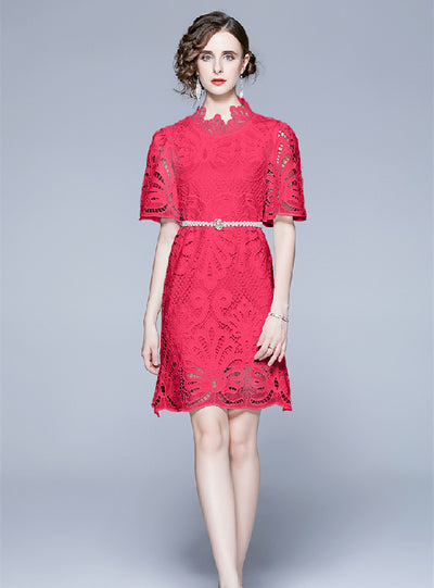 Lace Round Neck Hollow Short Sleeve Dress