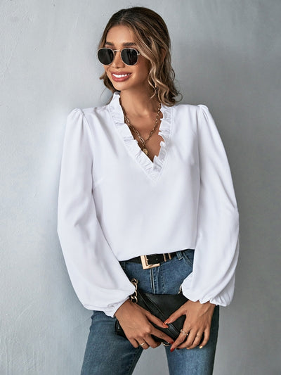 Lotus Leaf V-neck Loose Long Sleeve Shirt