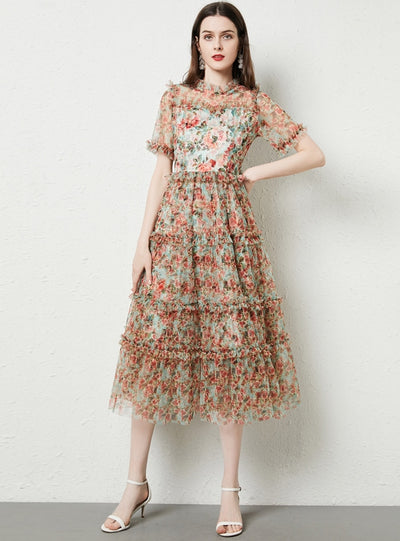 Short-sleeved Wooden Ear Gauze Print Dress