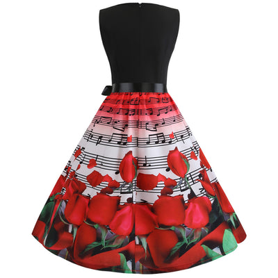 Retro Sleeveless Note Flower Print Dress