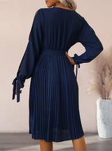 Long Sleeve Pleated Solid Color Dress