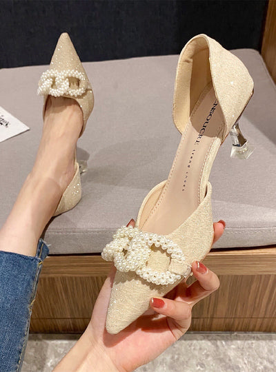 Pearl Buckle Pointed Shoes High Heels