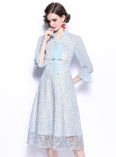 Lace Chiffon Stitching Slim Bow Dress