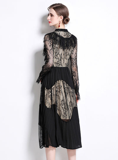 Perspective Long Sleeve Lace Stitching Pleated Dress